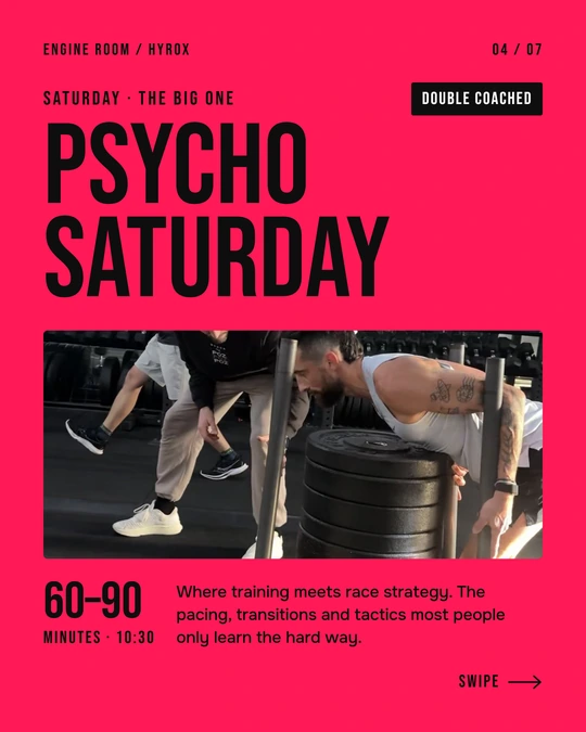 Saturday, the big one. Double coached. 60–90 minutes at 10:30. Where training meets race strategy: the pacing, transitions and tactics most people only learn the hard way.